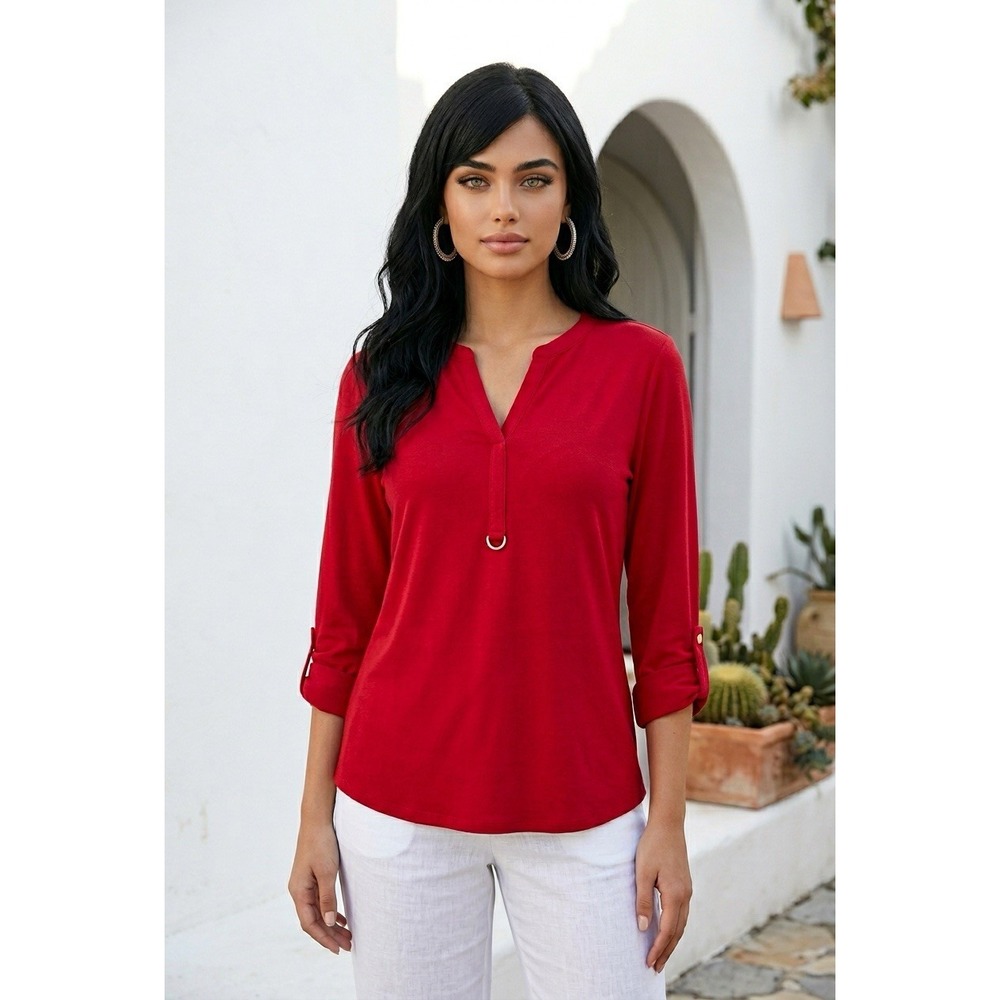Michael Kors Women's Red Roll-Tab Sleeve Top With Gold Accents Size Large